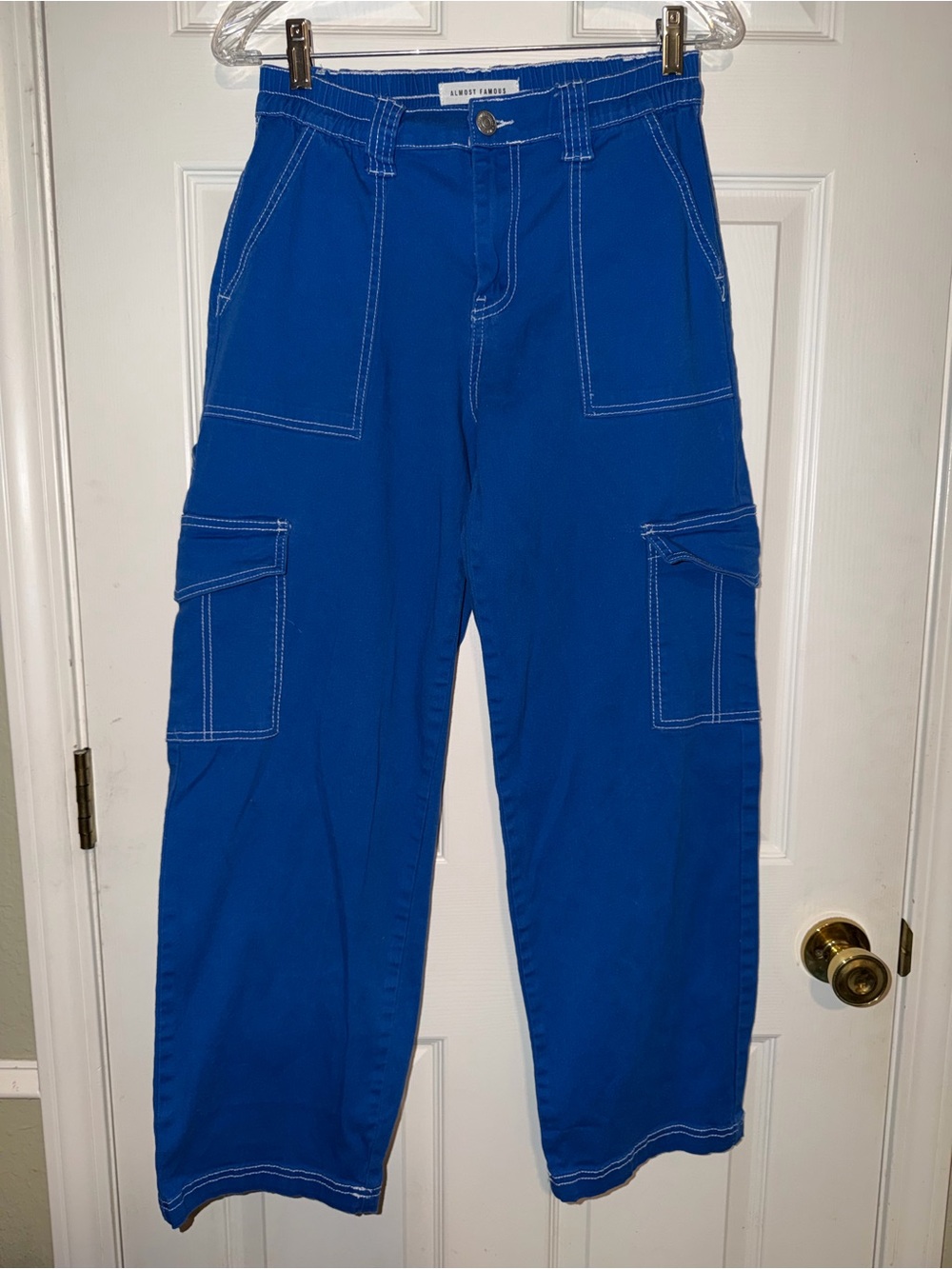 Almost Famous Cobalt Blue Wide-Leg Cargo Skater Pants with White Stitching